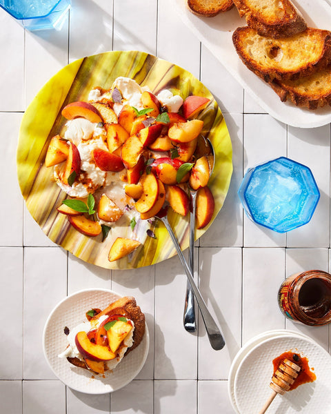 Late-Summer Peaches with Burrata & Fly By Jing Chili Crisp