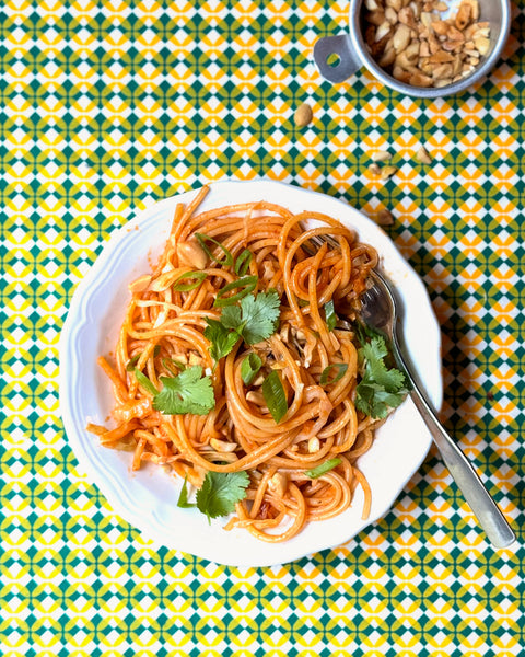 Noodles with an easy sauce of Gochujang, butter, garlic, cilantro and peanuts