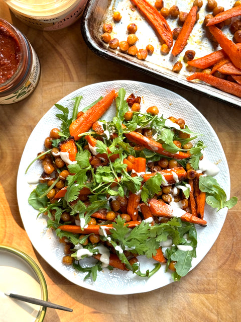 Harissa Roasted Carrots & Chickpeas with Tahini Yoghurt Dressing