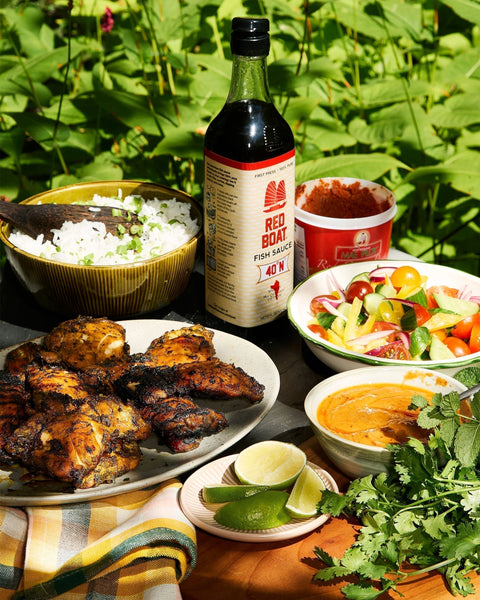 Thai-Style Grilled Chicken with Coconut Red Curry Peanut Sauce