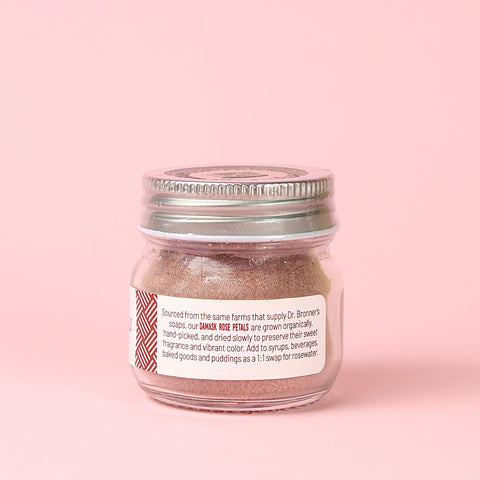a small jar of Burlap & Barrel Damask Rose Petal Powder side label