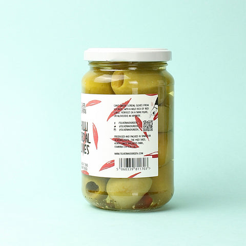 A Jar of Silver and Green Chilli Gordal Olives turned to show the side panel.
