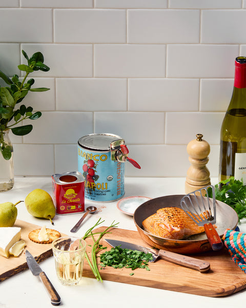 Goyon-Chazeau Tradi knives, Nogent fish spatula and Super-Kim can opener in a kitchen